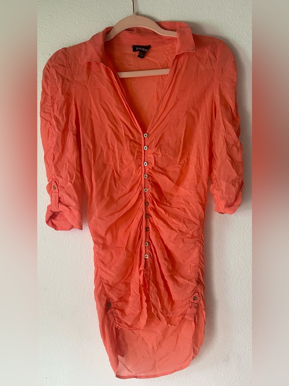 Bebe Silk-Blend Ruched Button-Front Tunic Top Coral